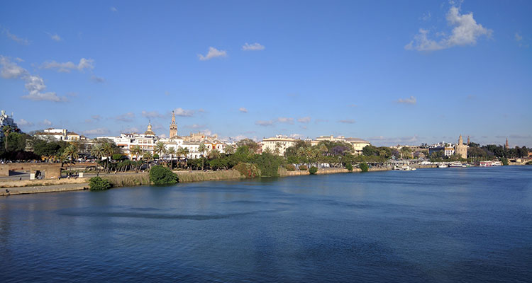 La vue depuis les berges de Séville. Les balades y sont agréables en rafraichissantes en été